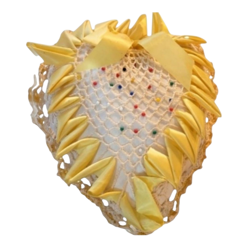 Vintage Crocheted Heart Pin Cushion Yellow Ribbon Edge Sewing Sewers Gift